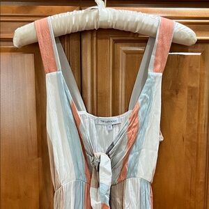 The Vanity Room Striped Tie-Front Maxi Dress in Coral, Sky Blue & Cream